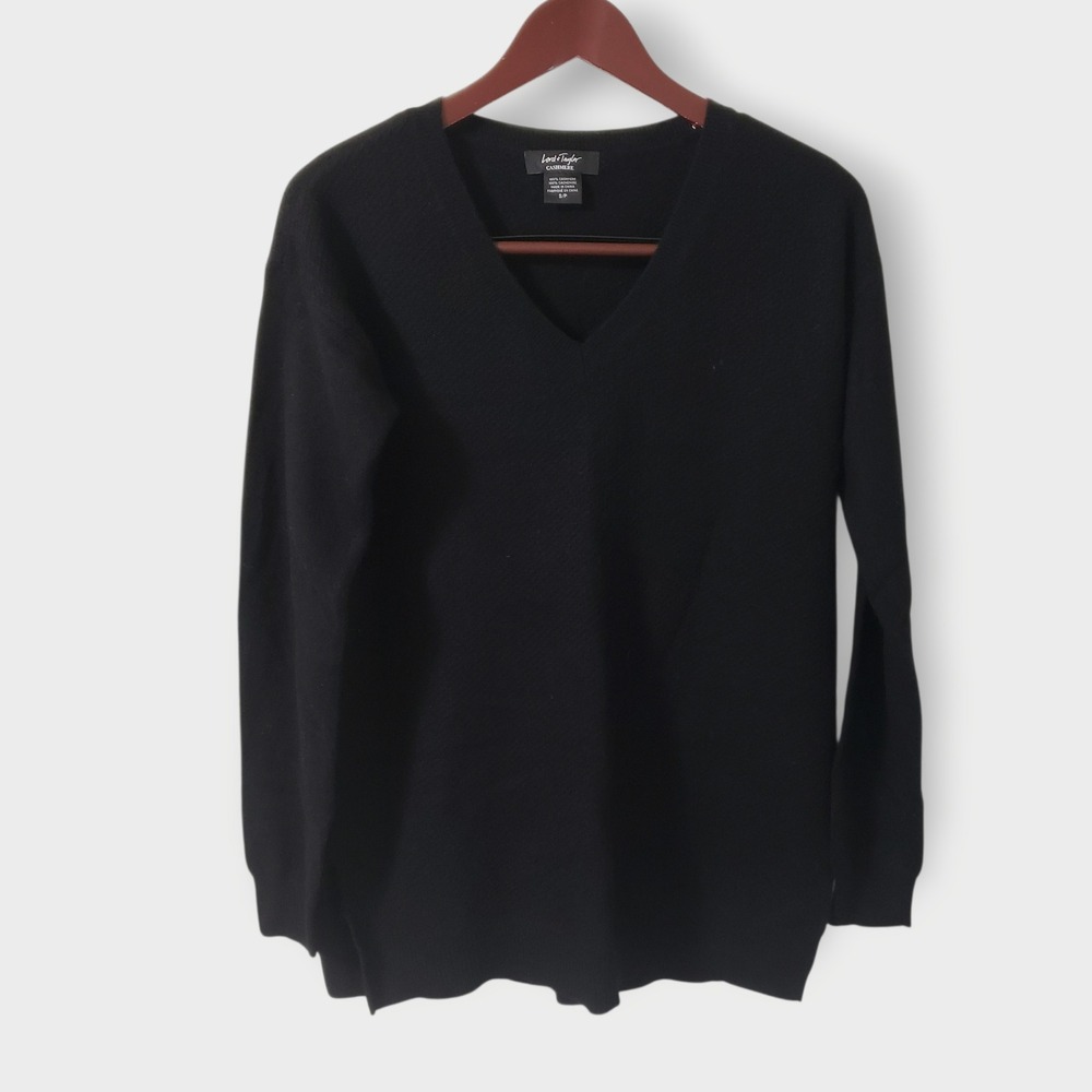 Lord & Taylor Womens Cashmere Waffle Knit‎ V-Neck Sweater Black Sz Sm Minimalist